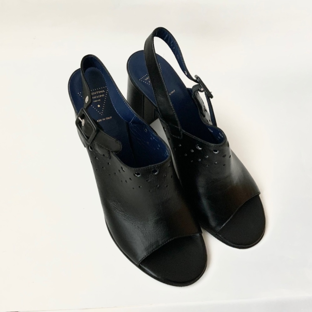 VALENTINA RANGONI Carmine Block Heel Peep Toe Mule Black Leather Heeled Sandals - Picture 9 of 11